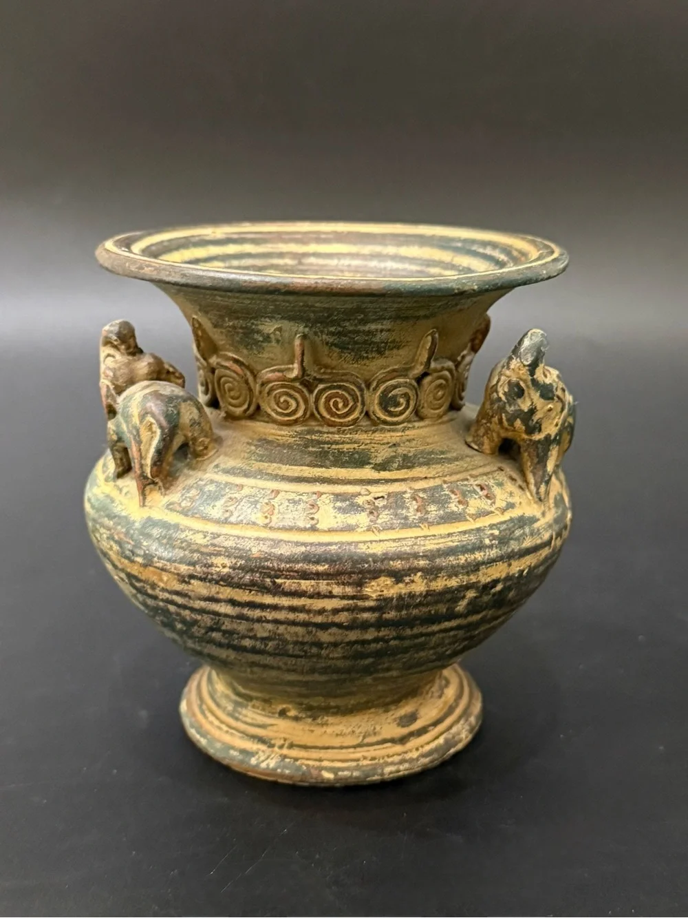 Pair of Vintage Asian Pottery Elephant Details 4.25” Vase